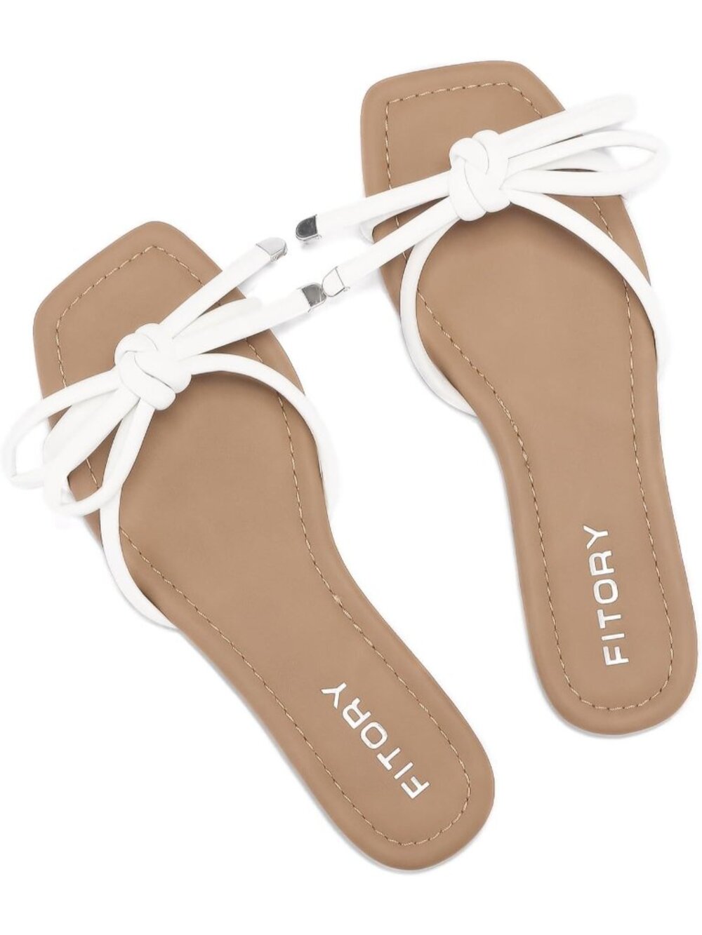 🆕Women's White Flat Sandals Square Open Toe Slide with Cute Knot for Casual